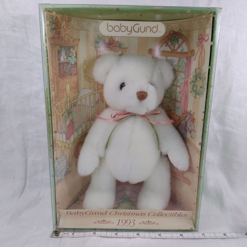 Baby Gund Christmas Collectibles 1993 Teddy Bear White Plush With Ribbon Bow NOS - Picture 2 of 12